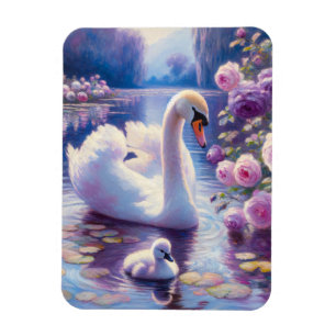 White Swan and Cygnet with Purple Roses Magnet