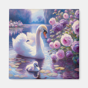 White Swan and Cygnet with Purple Roses Magnet