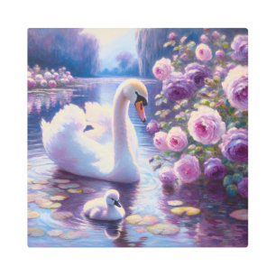 White Swan and Cygnet with Purple Roses Metal Print