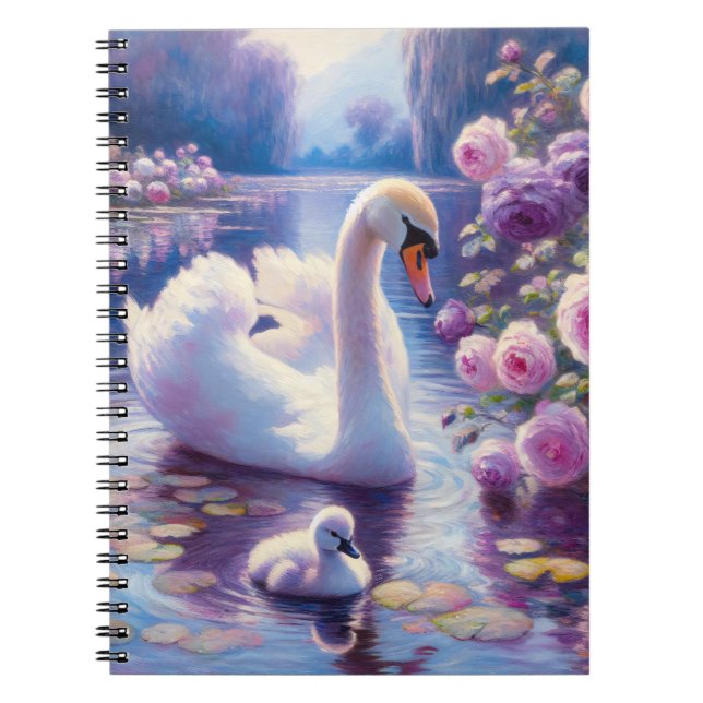 White Swan and Cygnet with Purple Roses Notebook (Front)