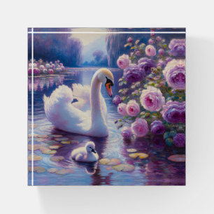 White Swan and Cygnet with Purple Roses Paperweight