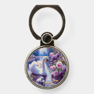 White Swan and Cygnet with Purple Roses Phone Ring Stand