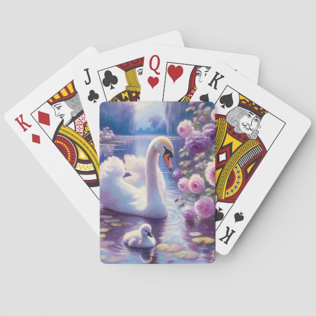 White Swan and Cygnet with Purple Roses Poker Cards (Back)