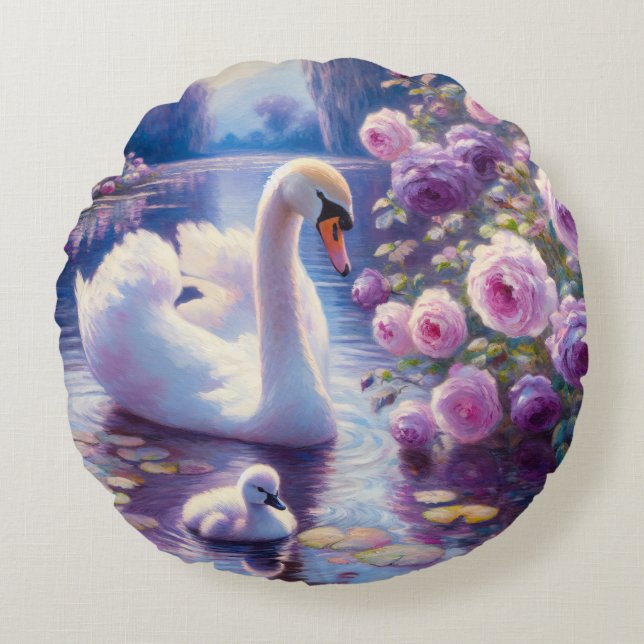 White Swan and Cygnet with Purple Roses Round Pillow (Front)