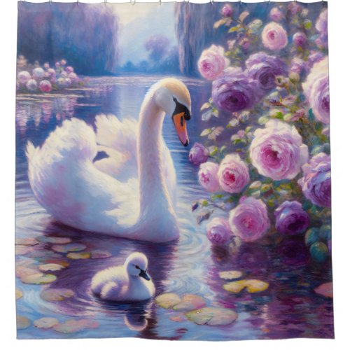 White Swan and Cygnet with Purple Roses Shower Curtain