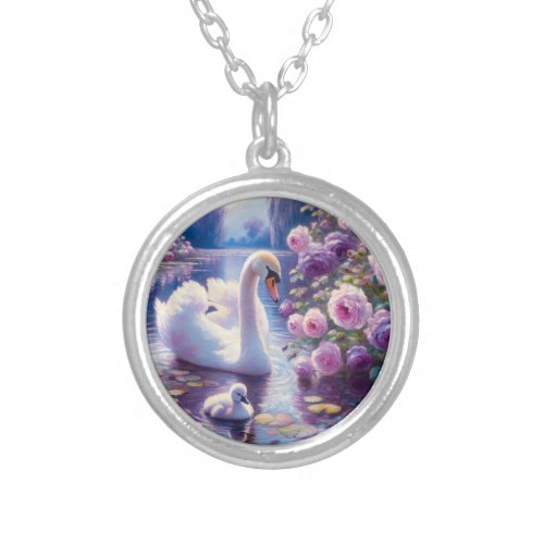 White Swan and Cygnet with Purple Roses Silver Plated Necklace