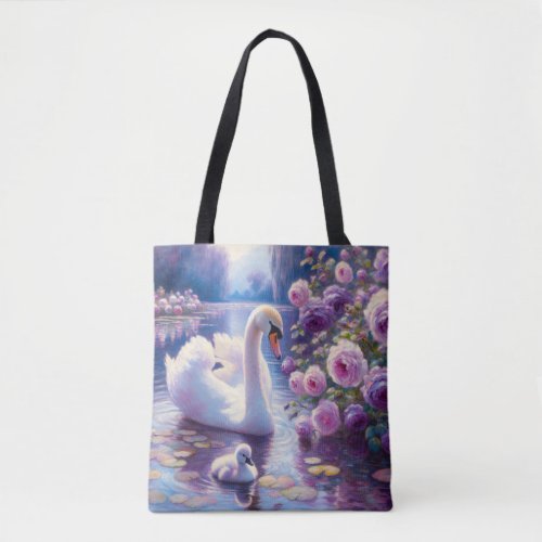 White Swan and Cygnet with Purple Roses Tote Bag