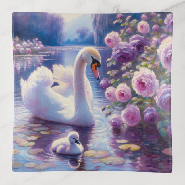 White Swan and Cygnet with Purple Roses Trinket Tray (Front)