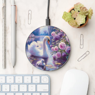 White Swan and Cygnet with Purple Roses Wireless Charger