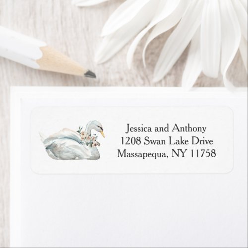 White Swan and Roses Floral Return Address Label