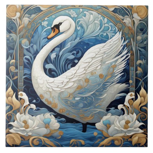 White Swan Art Nouveau Bird Art Deco Blue Ceramic Tile