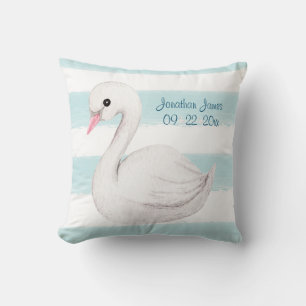 White Swan Blue Script Personalize Boy Birth Throw Pillow