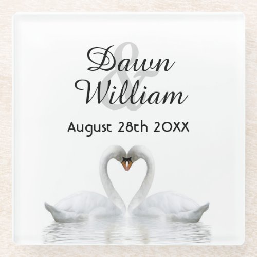 White swan couple names monogram wedding glass coaster