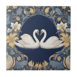 White Swan Couple William Morris style Dark Blue Ceramic Tile