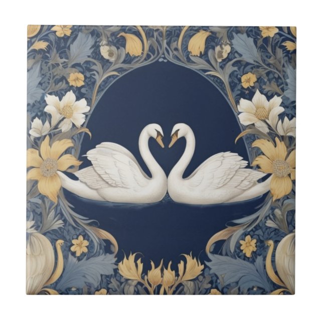 White Swan Couple William Morris style Dark Blue Ceramic Tile (Front)