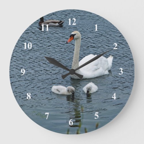 White Swan Cygnets Water Photo Large Clock