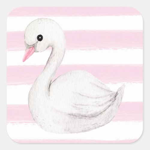 White Swan Elegant Script Pink Stripe Girl Square Sticker