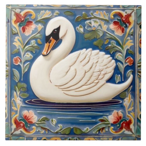 White Swan European Folk Animal Bird Art Ceramic Tile