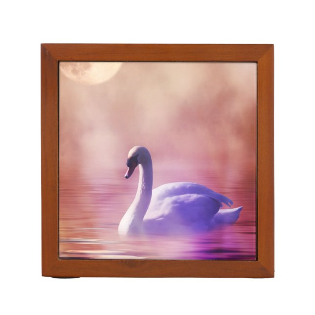 White Swan floating on a misty lake Desk Organizer (Front)