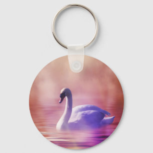 White Swan floating on a misty lake Keychain