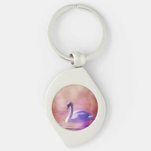 White Swan floating on a misty lake Keychain