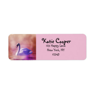 White Swan floating on a misty lake Label