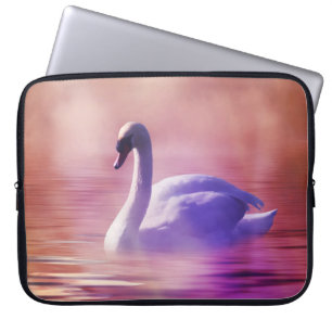 White Swan floating on a misty lake Laptop Sleeve