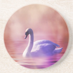 White Swan floating on a misty lake Sandstone Coaster
