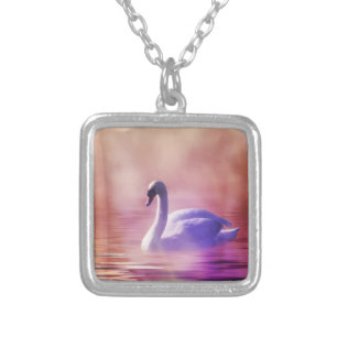 White Swan floating on a misty lake Silver Plated Necklace