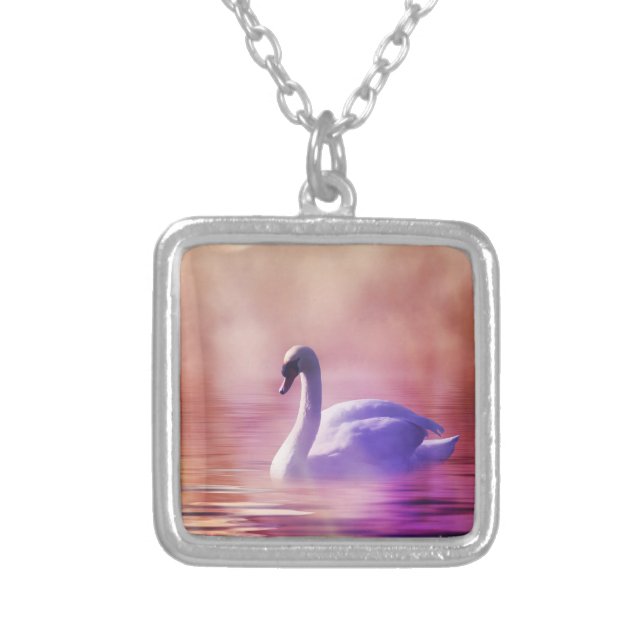 White Swan floating on a misty lake Silver Plated Necklace (Front)