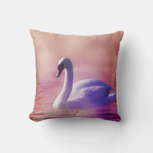 White Swan floating on a misty lake Throw Pillow