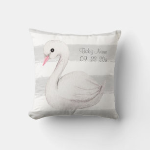 White Swan Grey Script Personalized Birth Throw Pillow