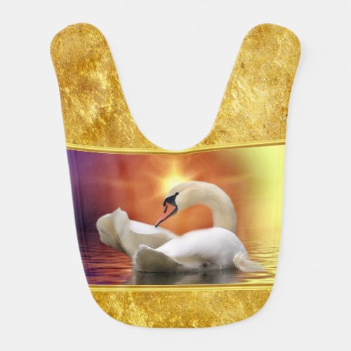 White Swan in a lake with a orange gold sunset Baby Bib