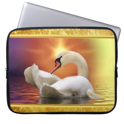 White Swan in a lake with a orange gold sunset Laptop Sleeve