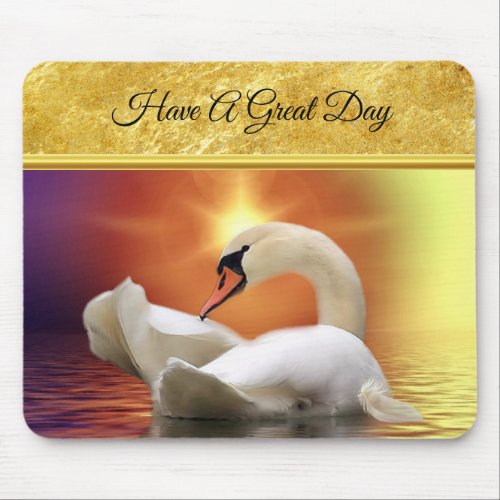 White Swan in a lake with a orange gold sunset Mouse Pad