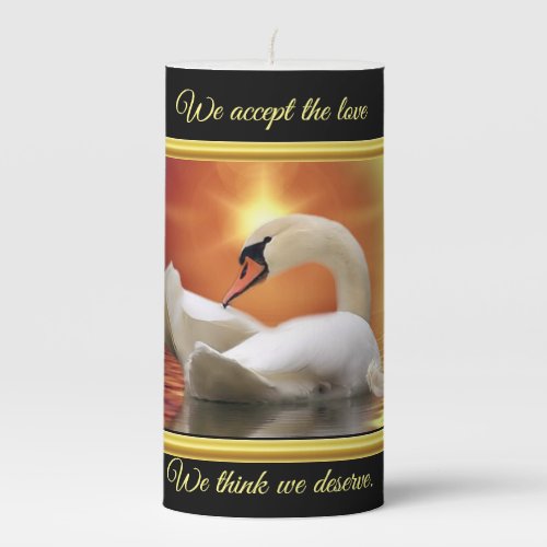White Swan in a lake with a orange gold sunset Pillar Candle