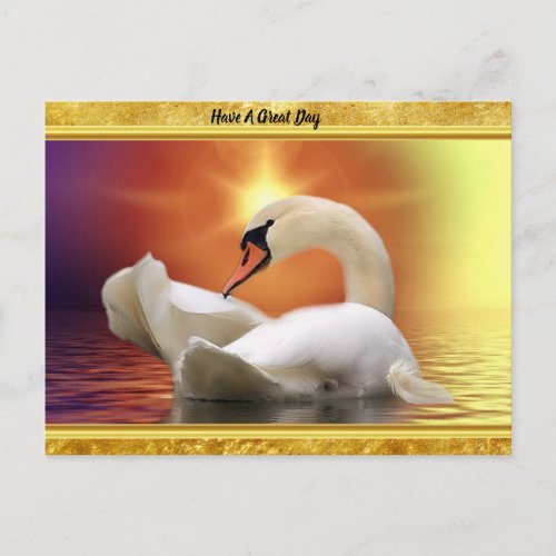 White Swan in a lake with a orange gold sunset Postcard