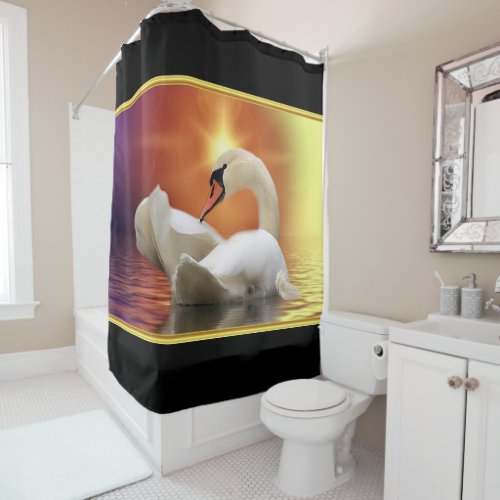 White Swan in a lake with a orange gold sunset Shower Curtain