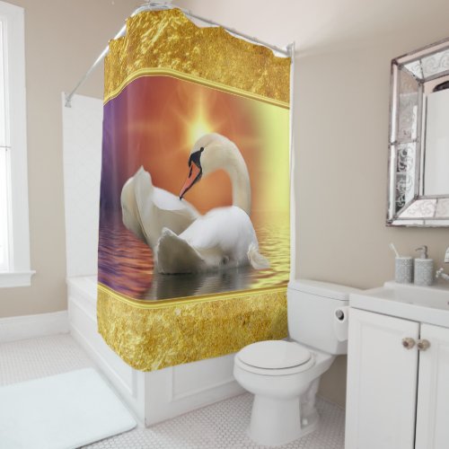 White Swan in a lake with a orange gold sunset Shower Curtain