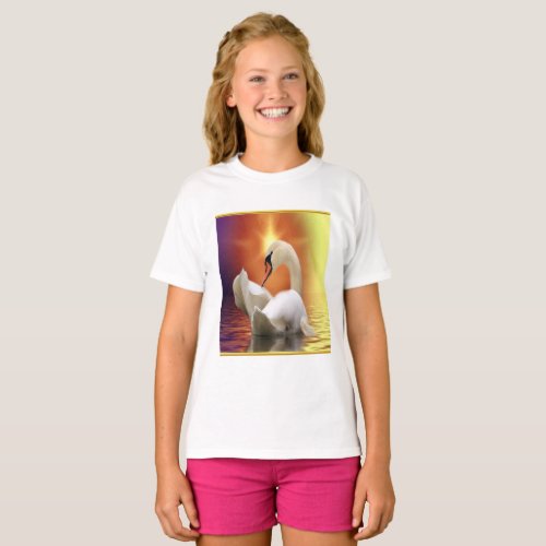 White Swan in a lake with a orange gold sunset T_Shirt