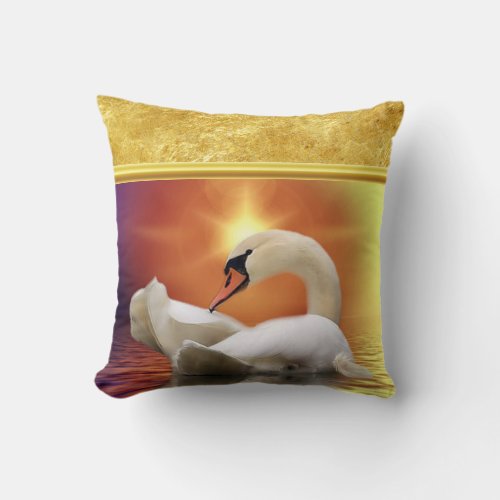 White Swan in a lake with a orange gold sunset Throw Pillow