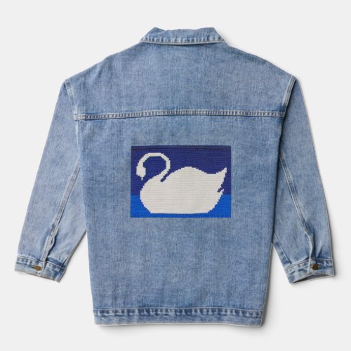 White Swan in Cool Blue Lake Artisan Crochet Print Denim Jacket