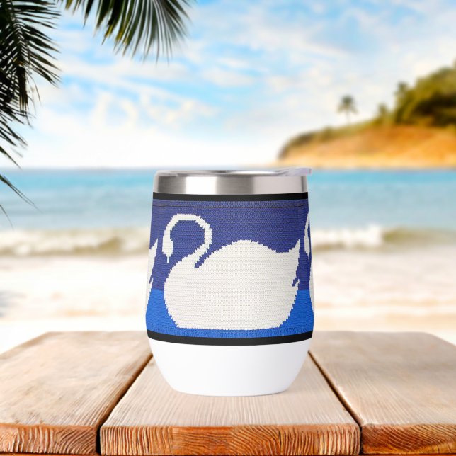 White Swan in Cool Blue Lake Artisan Crochet Print Thermal Wine Tumbler (Beach)