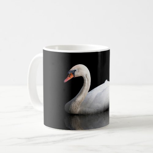 White swan on black coffee mug