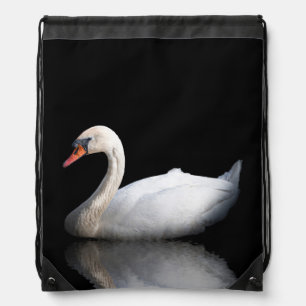 White swan on black drawstring bag
