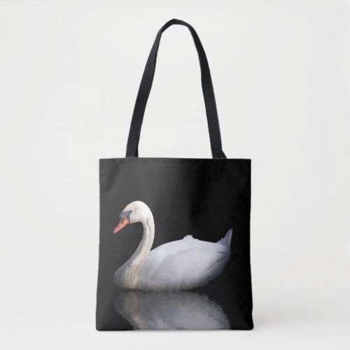 White swan on black tote bag