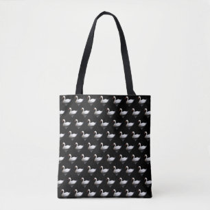 White swan on black tote bag