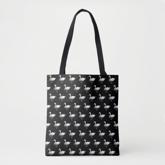 White swan on black tote bag (Front)