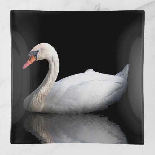 White swan on black trinket tray
