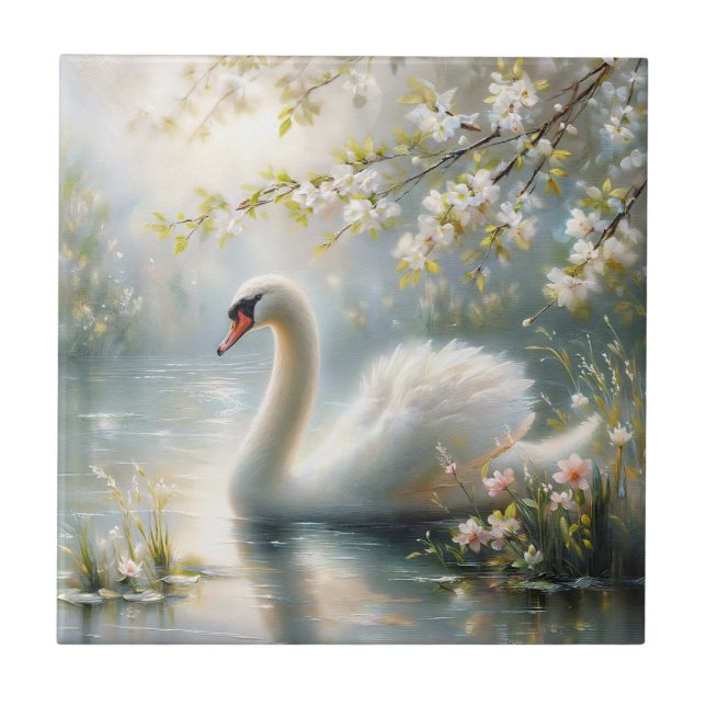 White Swan on Lake Floral Painting Ceramic Tile (Front)